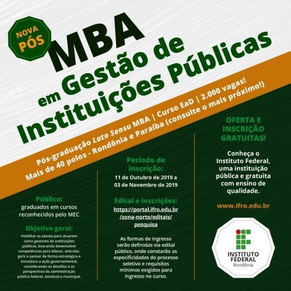 Edital nº 21/2019 - Pós-Graduação Lato Sensu MBA em Gestão de Instituições Públicas