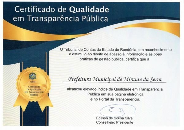 Prefeitura de Mirante da Serra recebe certificado de “Qualidade em Transparência Pública”