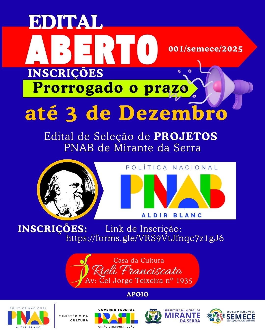EDITAL DE SELEÇÃO DE PROJETOS PNAB DE MIRANTE DA SERRA/RO.